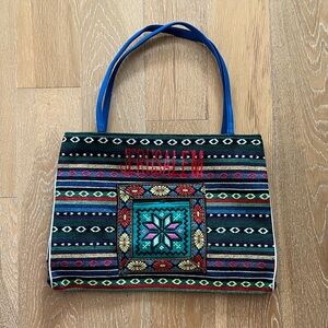 Source Unknown Black and Blue Patterned Tote Jerusalem embroidered